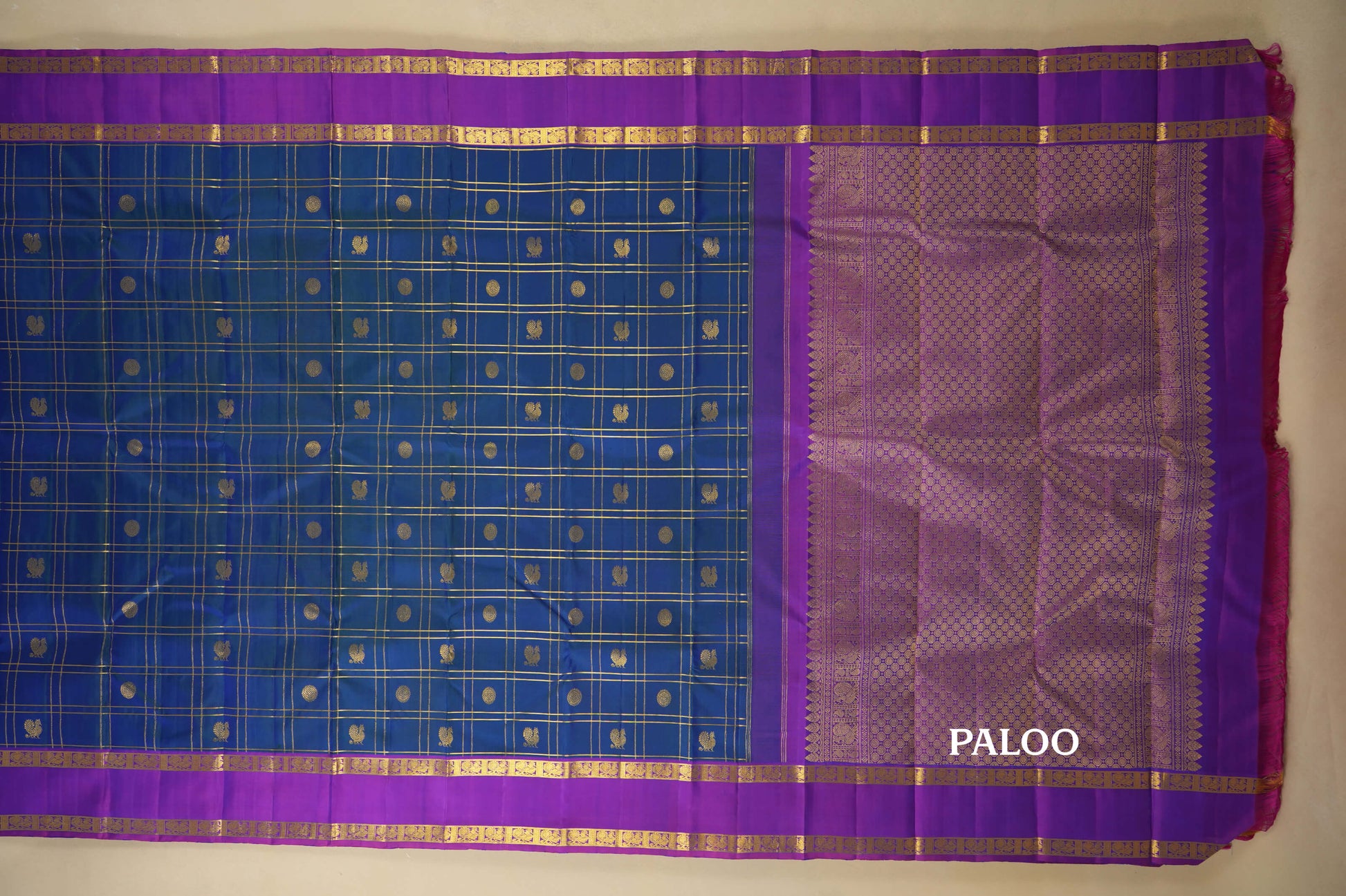 Peacock Blue with Magenta Borders Vintage Kanjivaram Silk Saree paloo