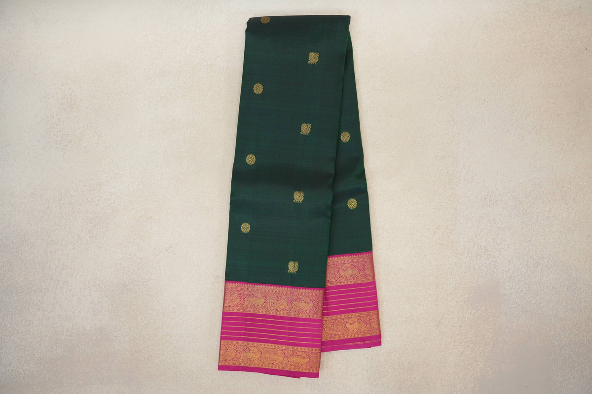 Online Deep Bottle Green with Bright Rani Pink Borders Vintage Kanjivaram Silk Saree