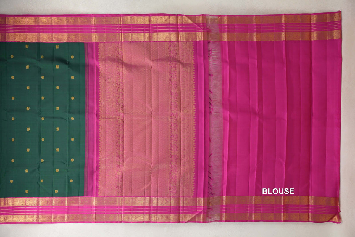Deep Bottle Green with Bright Rani Pink Borders Vintage Kanjivaram Silk Saree blouse
