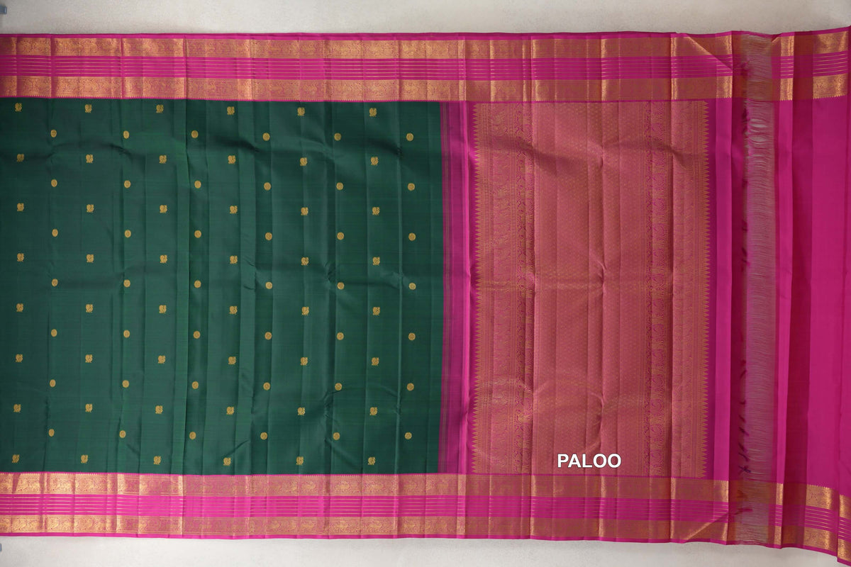Deep Bottle Green with Bright Rani Pink Borders Vintage Kanjivaram Silk Saree paloo