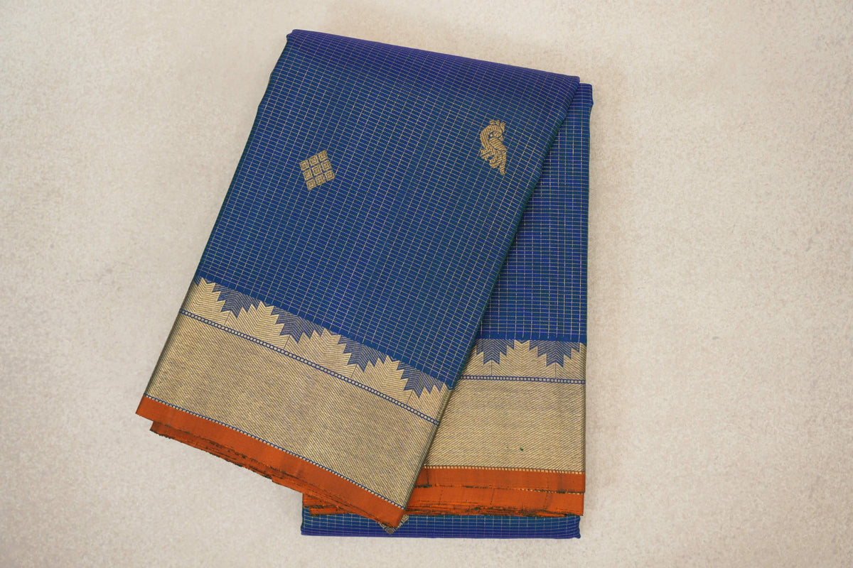 Peacock Blue with Zari Checks Vintage Kanjivaram Silk Saree 