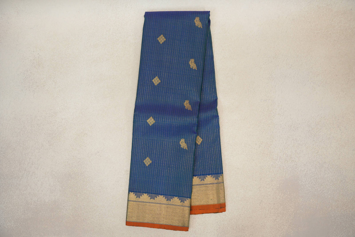 Online Peacock Blue with Zari Checks Vintage Kanjivaram Silk Saree 