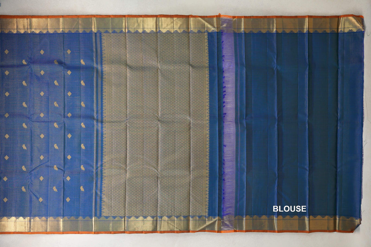 Peacock Blue with Zari Checks Vintage Kanjivaram Silk Saree blouse