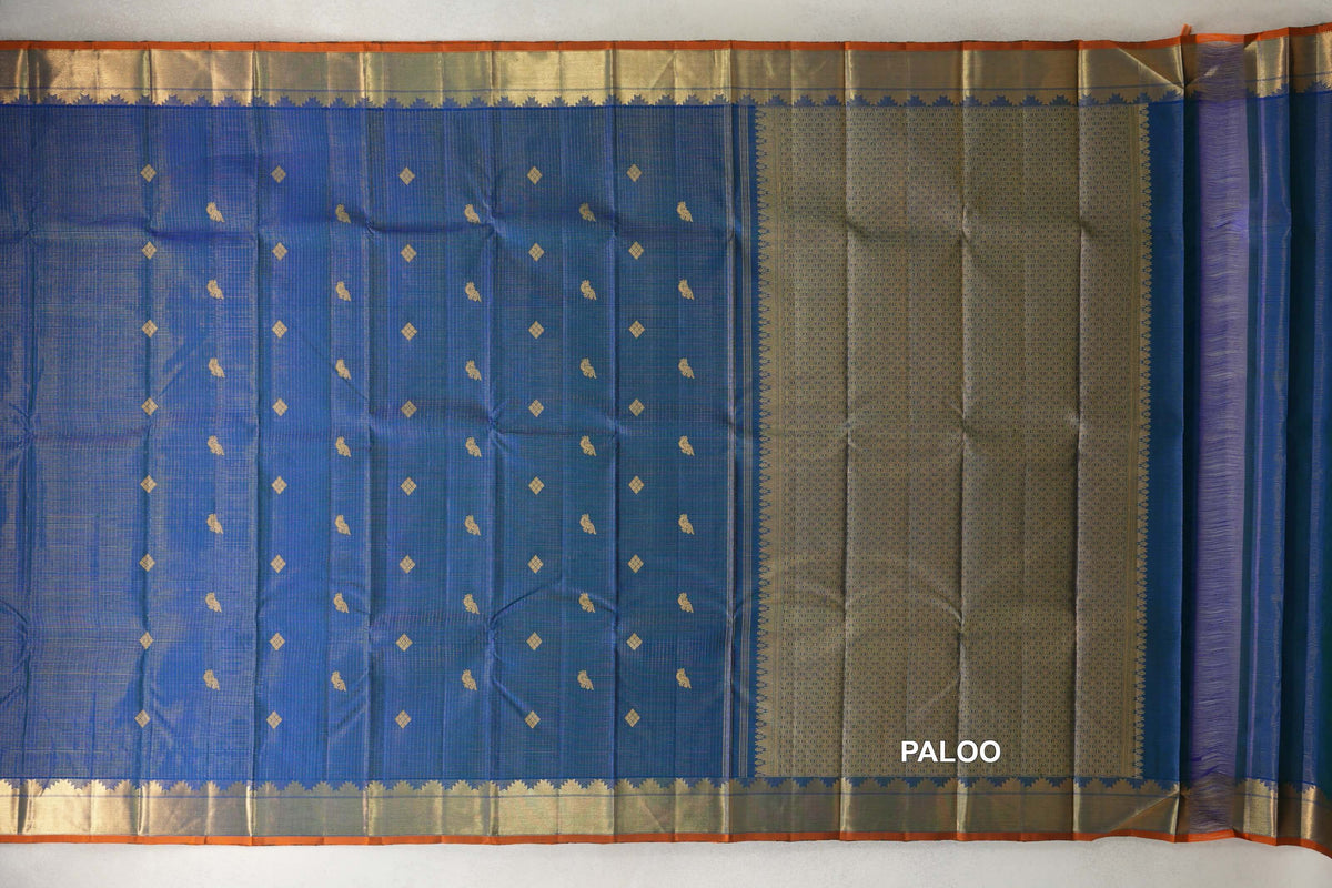 Peacock Blue with Zari Checks Vintage Kanjivaram Silk Saree paloo