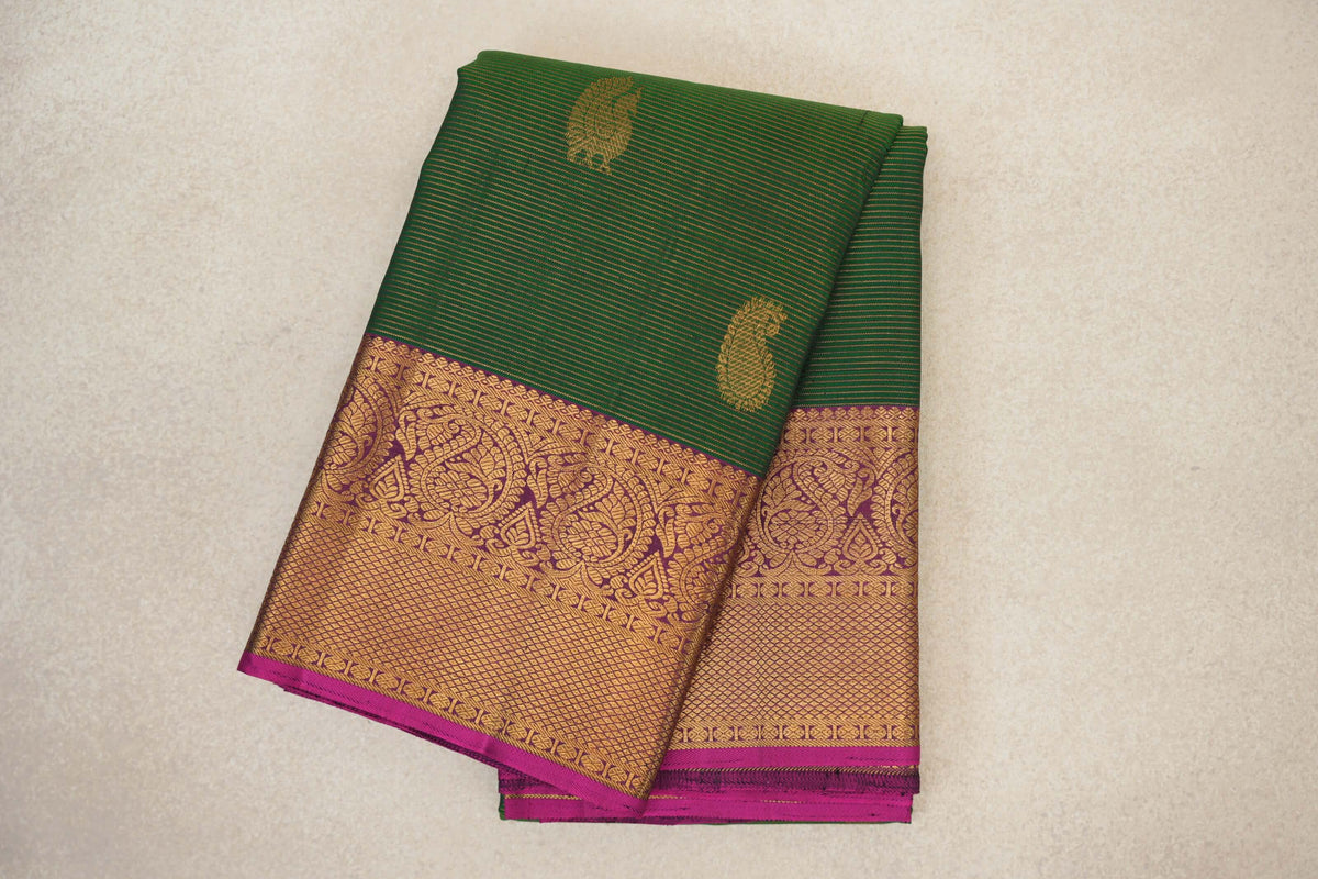 Deep Leaf Green Vaira Oosi with Deep Magenta with Magenta Pink Selvedge Borders Vintage Kanjivaram Silk Saree