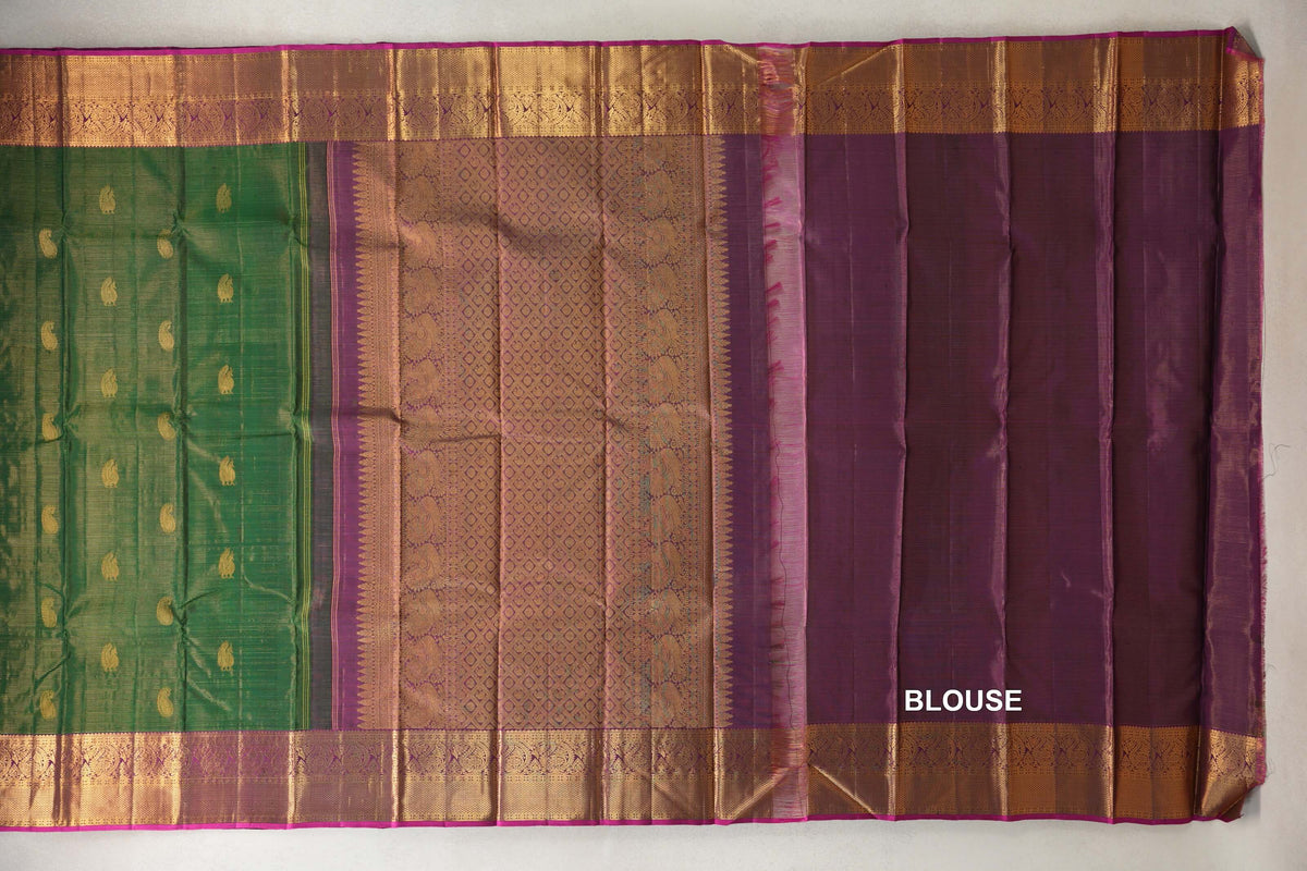 Deep Leaf Green Vaira Oosi with Deep Magenta with Magenta Pink Selvedge Borders Vintage Kanjivaram Silk Saree blouse