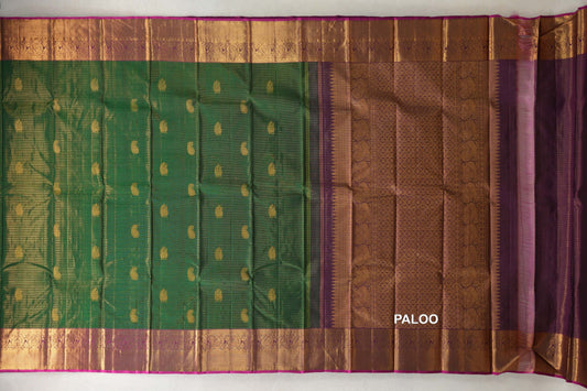 Deep Leaf Green Vaira Oosi with Deep Magenta with Magenta Pink Selvedge Borders Vintage Kanjivaram Silk Saree paloo