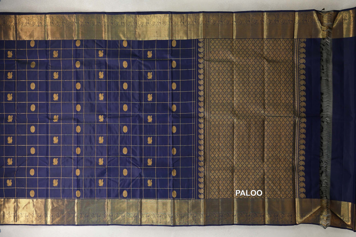Deep Navy Blue Vintage Kanjivaram Silk Saree paloo