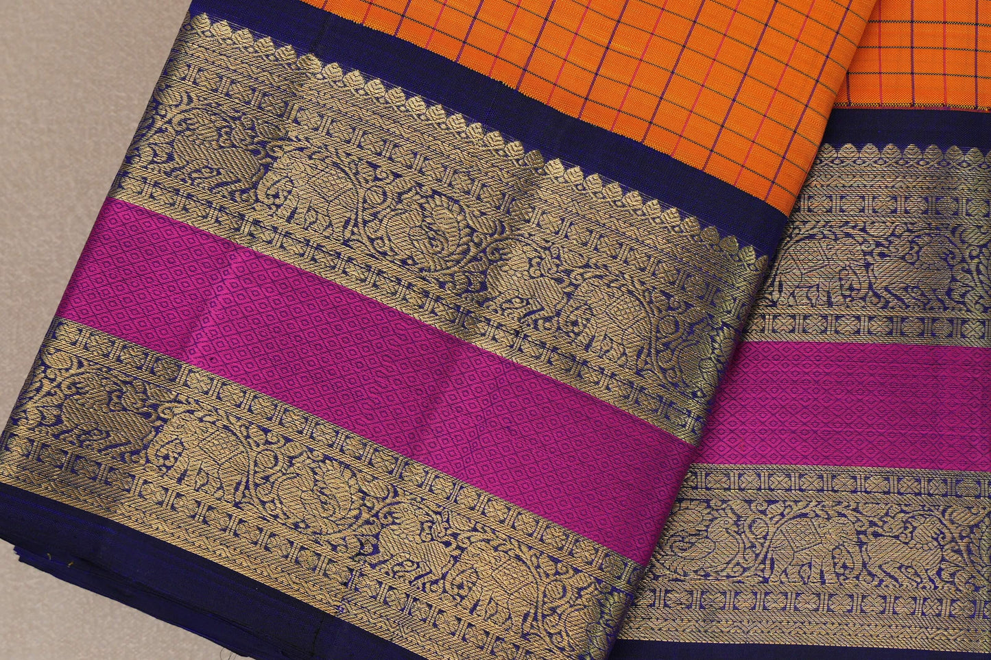 Bright mango yellow with deep blue Vintage Kanjivaram Silk Saree SS9318