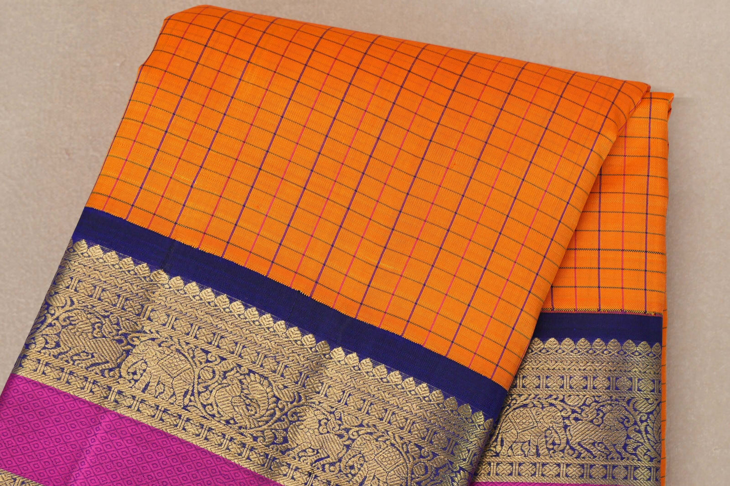Bright mango yellow with deep blue Vintage Kanjivaram Silk Saree SS9318