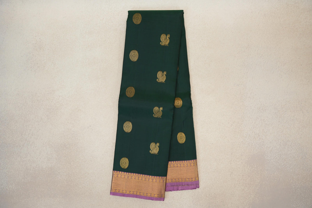 Online Deep Bottle Green with Lavender Pink Borders Vintage Kanjivaram Silk Saree