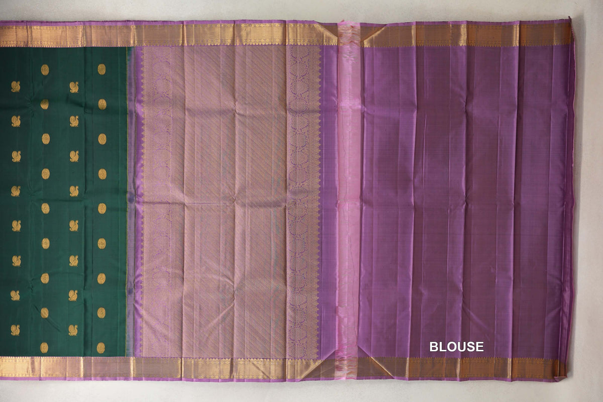 Deep Bottle Green with Lavender Pink Borders Vintage Kanjivaram Silk Saree blouse