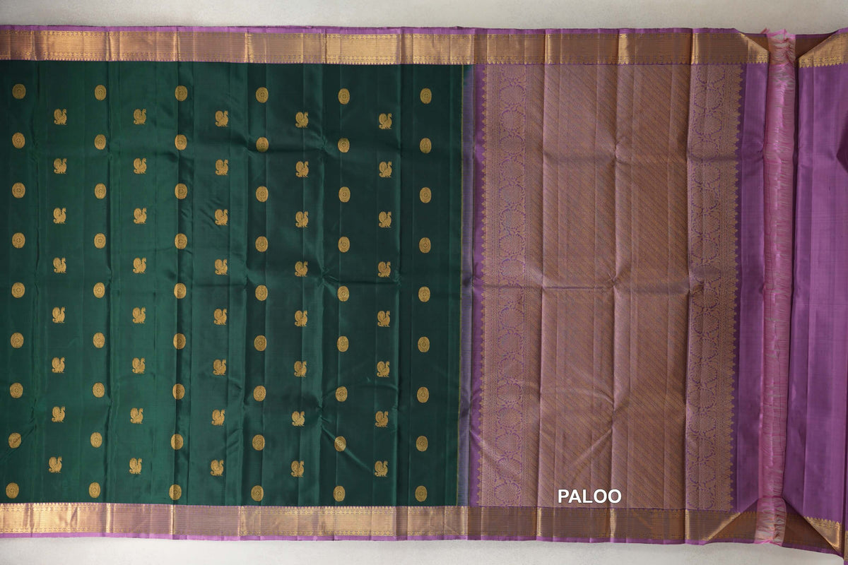 Deep Bottle Green with Lavender Pink Borders Vintage Kanjivaram Silk Saree paloo