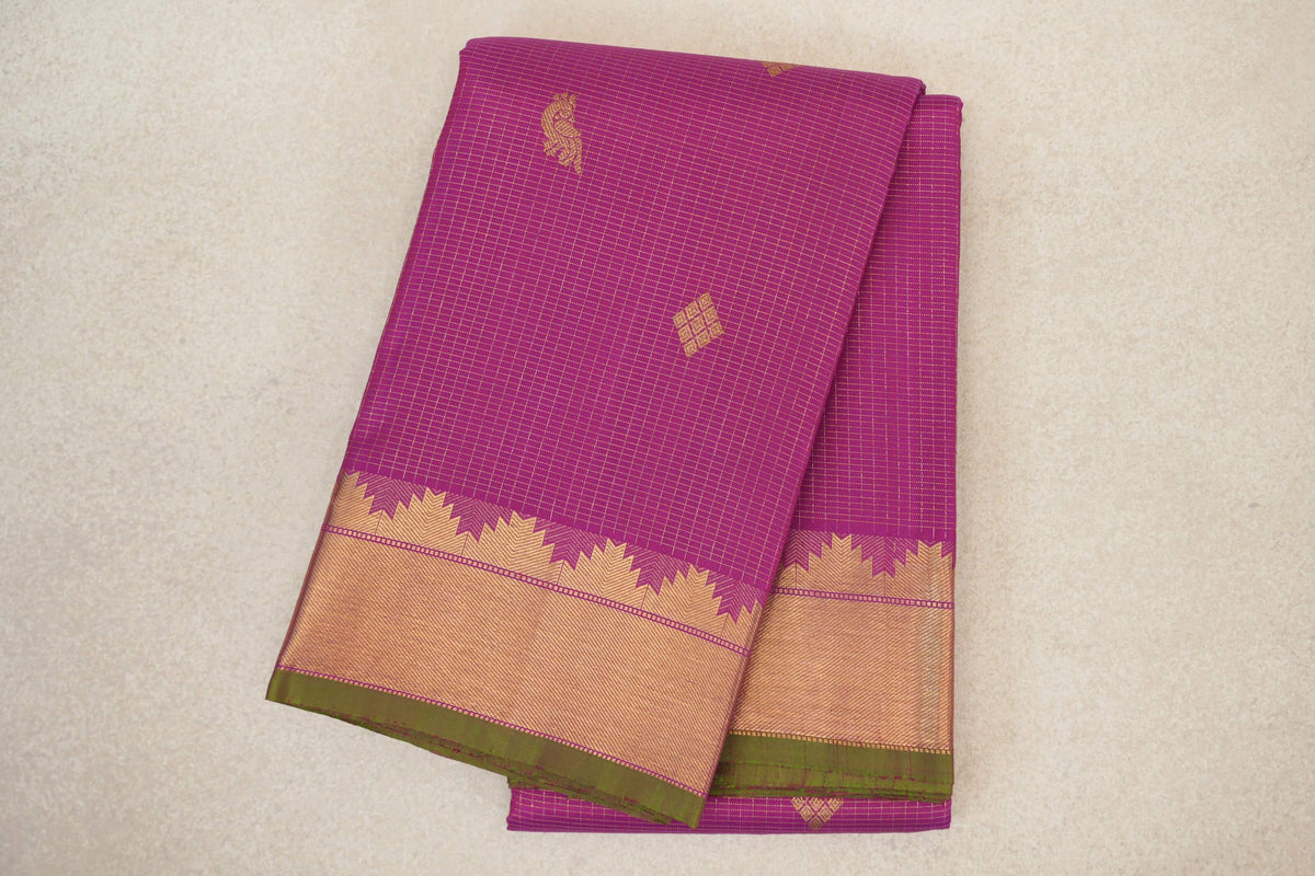 Bright Magenta Pink Zari Checks Vintage Kanjivaram Silk Saree 