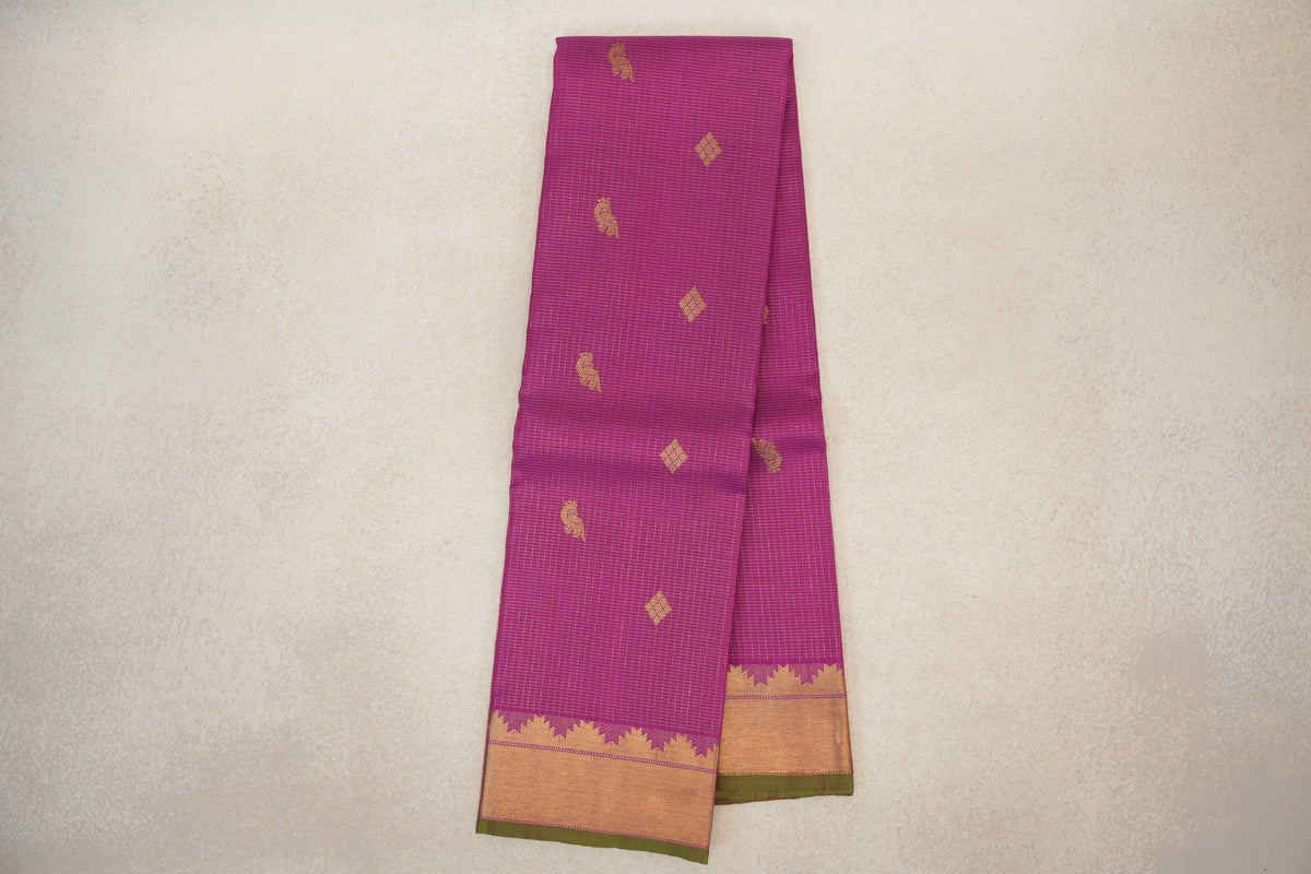 Online Bright Magenta Pink Zari Checks Vintage Kanjivaram Silk Saree 