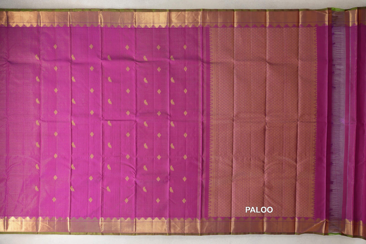 Bright Magenta Pink Zari Checks Vintage Kanjivaram Silk Saree paloo