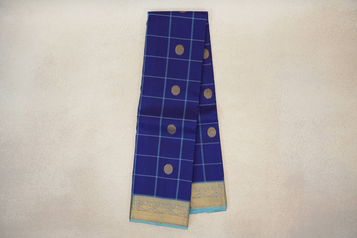 Online Deep Blue with Light Dusty Blue Borders Vintage Kanjivaram Silk Saree 