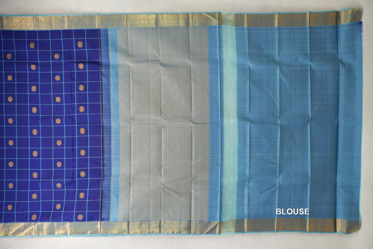 Deep Blue with Light Dusty Blue Borders Vintage Kanjivaram Silk Saree blouse