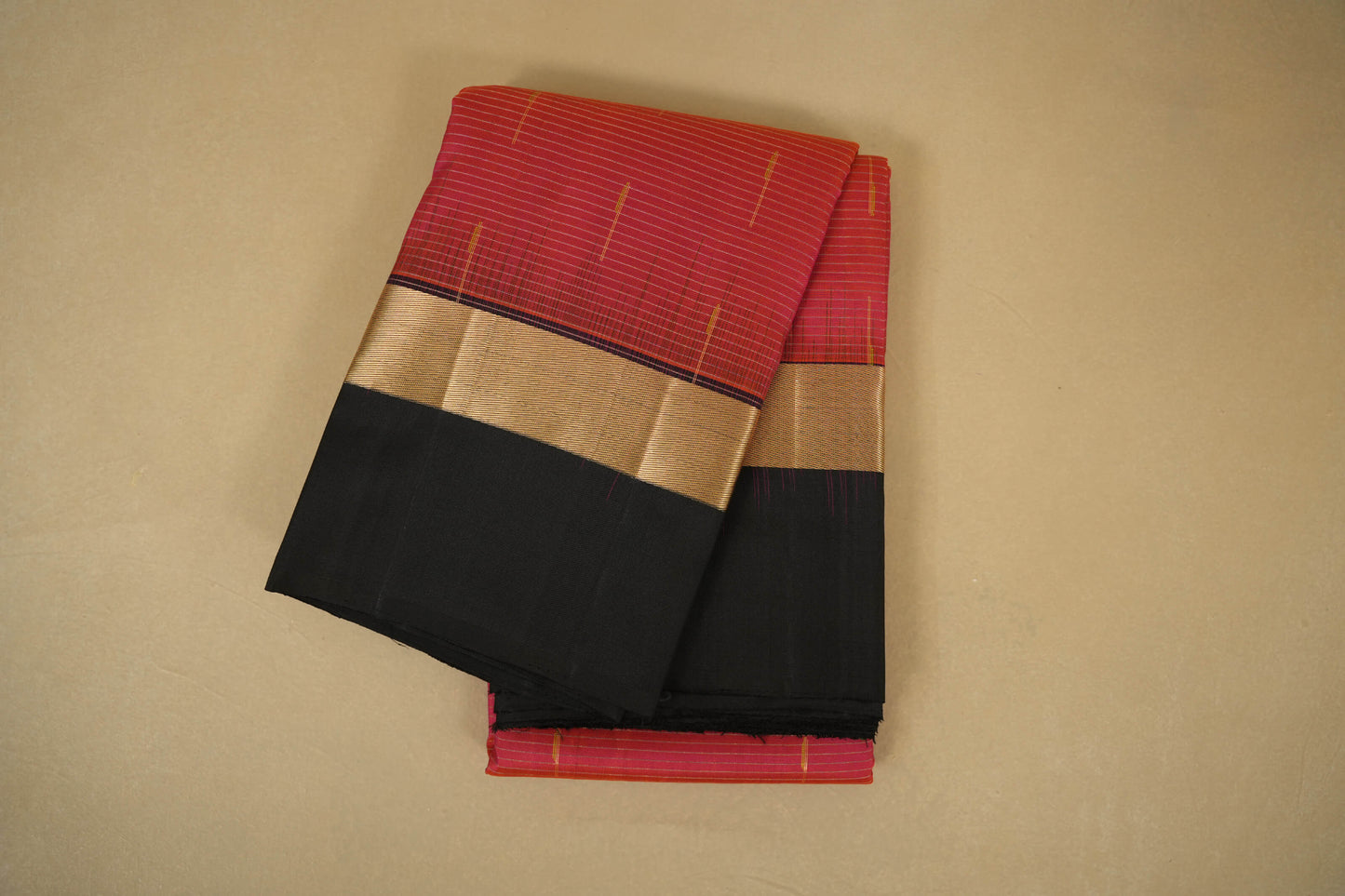 Pinkish Orange with Black Borders Light Weight Kanchipuram Silk Saree