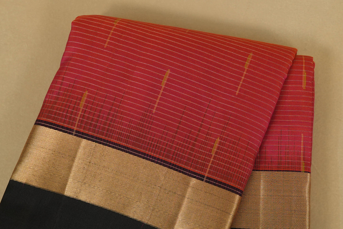 Pinkish Orange with Black Borders Light Weight Kanchipuram Silk Saree body