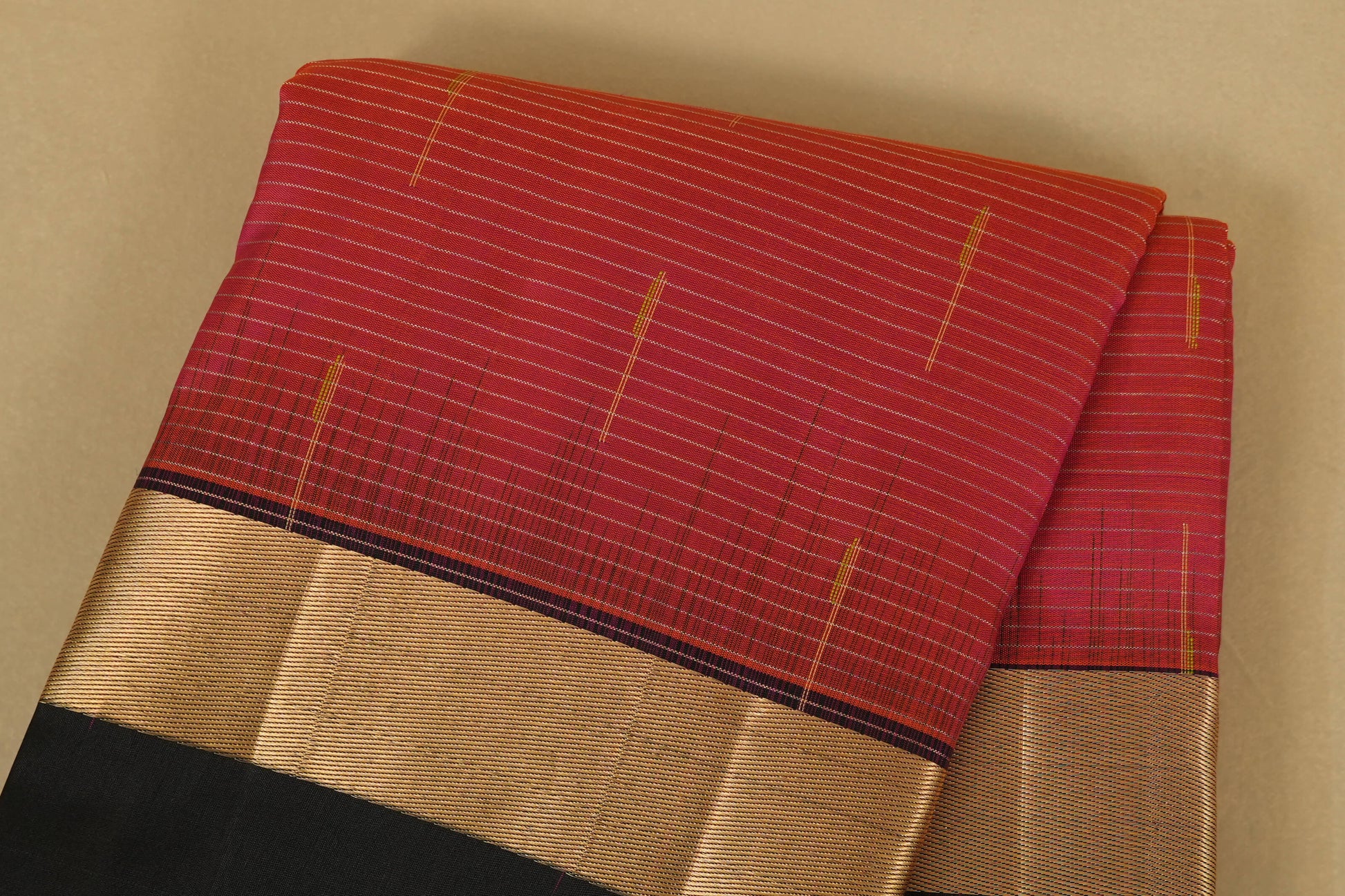 Pinkish Orange with Black Borders Light Weight Kanchipuram Silk Saree body