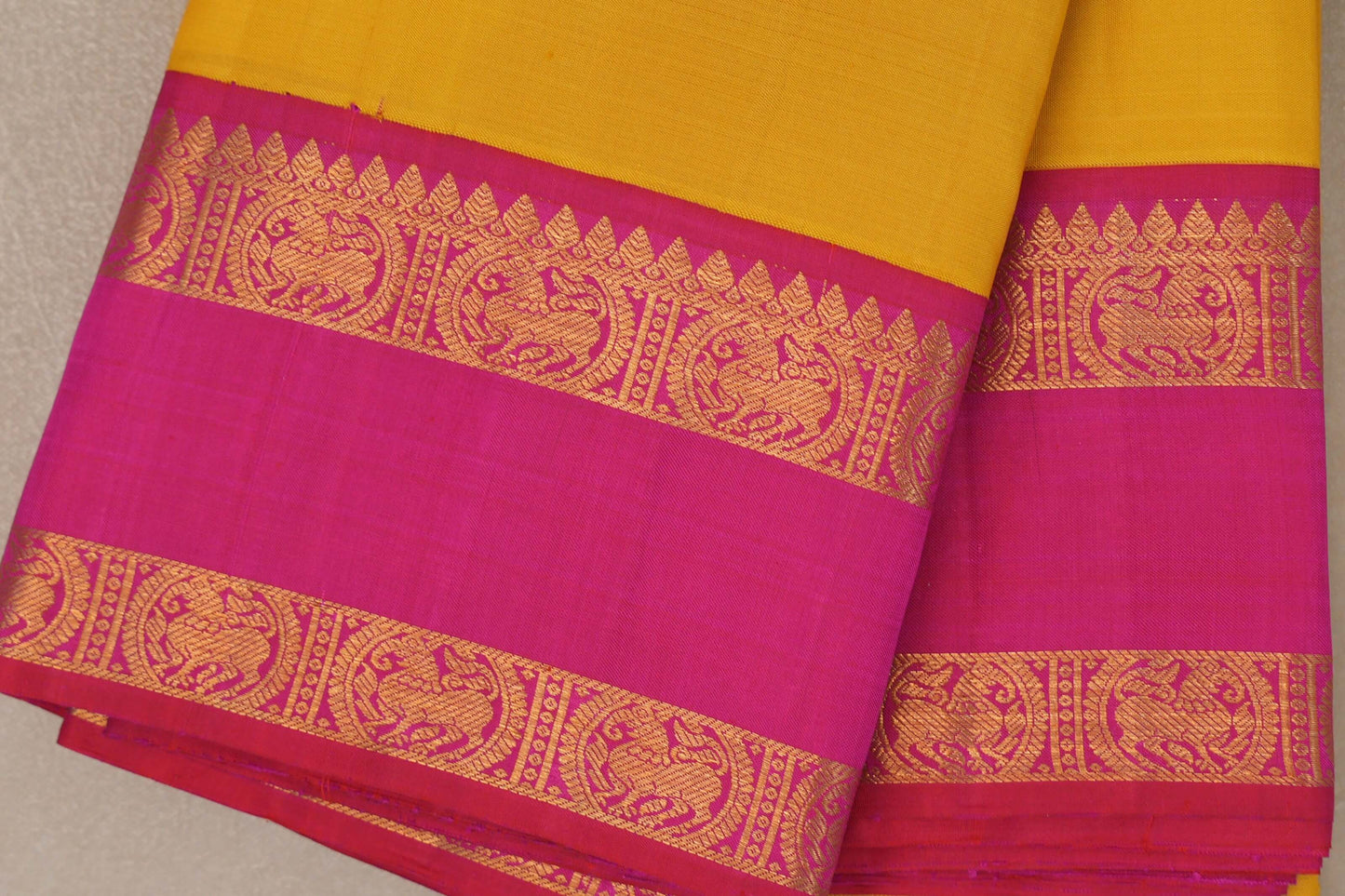 Bright yellow with Bright Rani Pink Vintage Kanjivaram Silk Saree SS9321