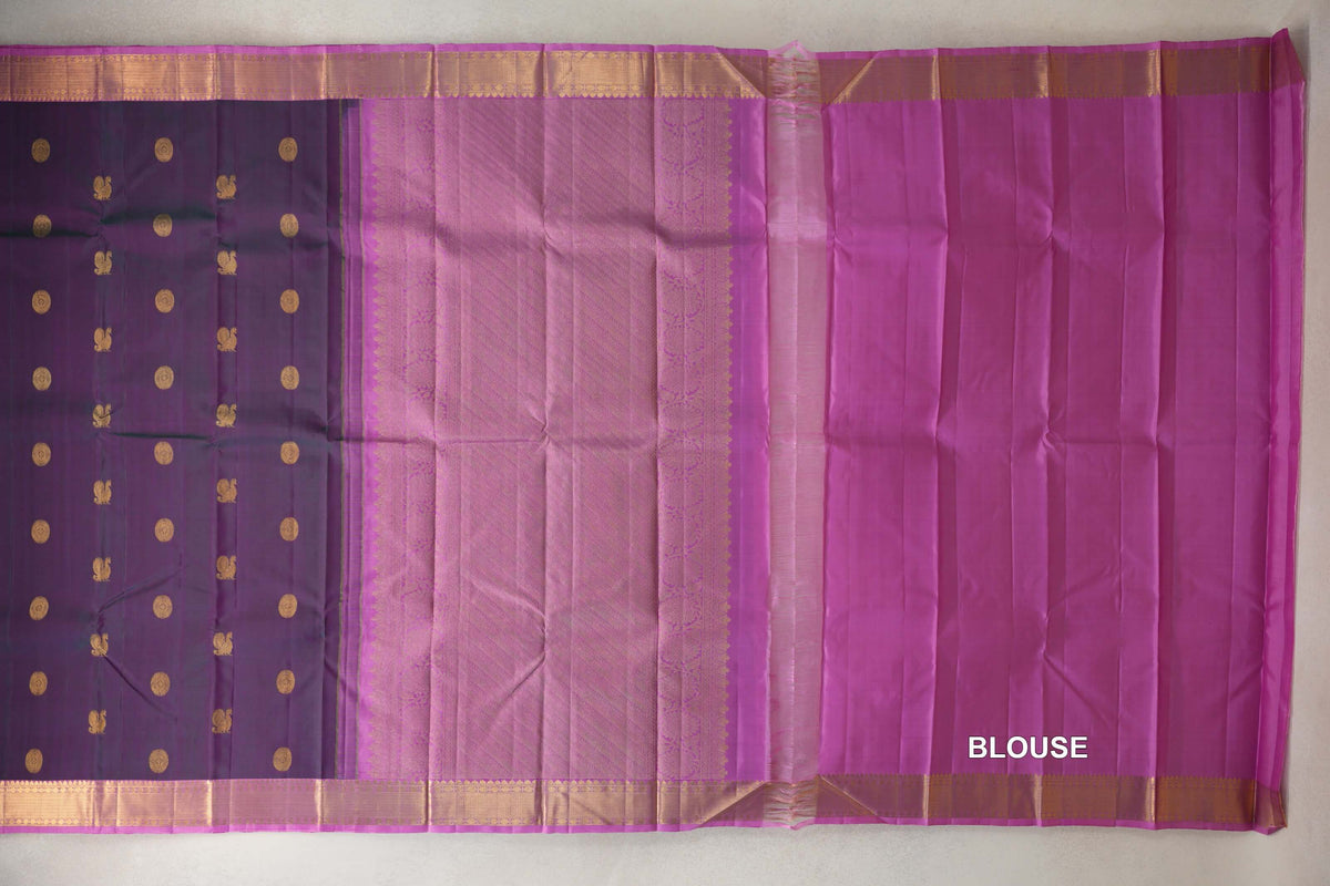 Dual Tone of Bottle Green and Pink with Light Pink Borders Vintage Kanjivaram Silk Saree blouse