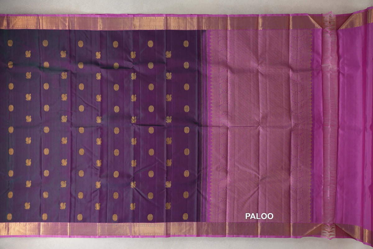 Dual Tone of Bottle Green and Pink with Light Pink Borders Vintage Kanjivaram Silk Saree paloo