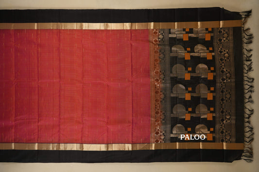 Pinkish Orange with Black Borders Light Weight Kanchipuram Silk Saree paloo