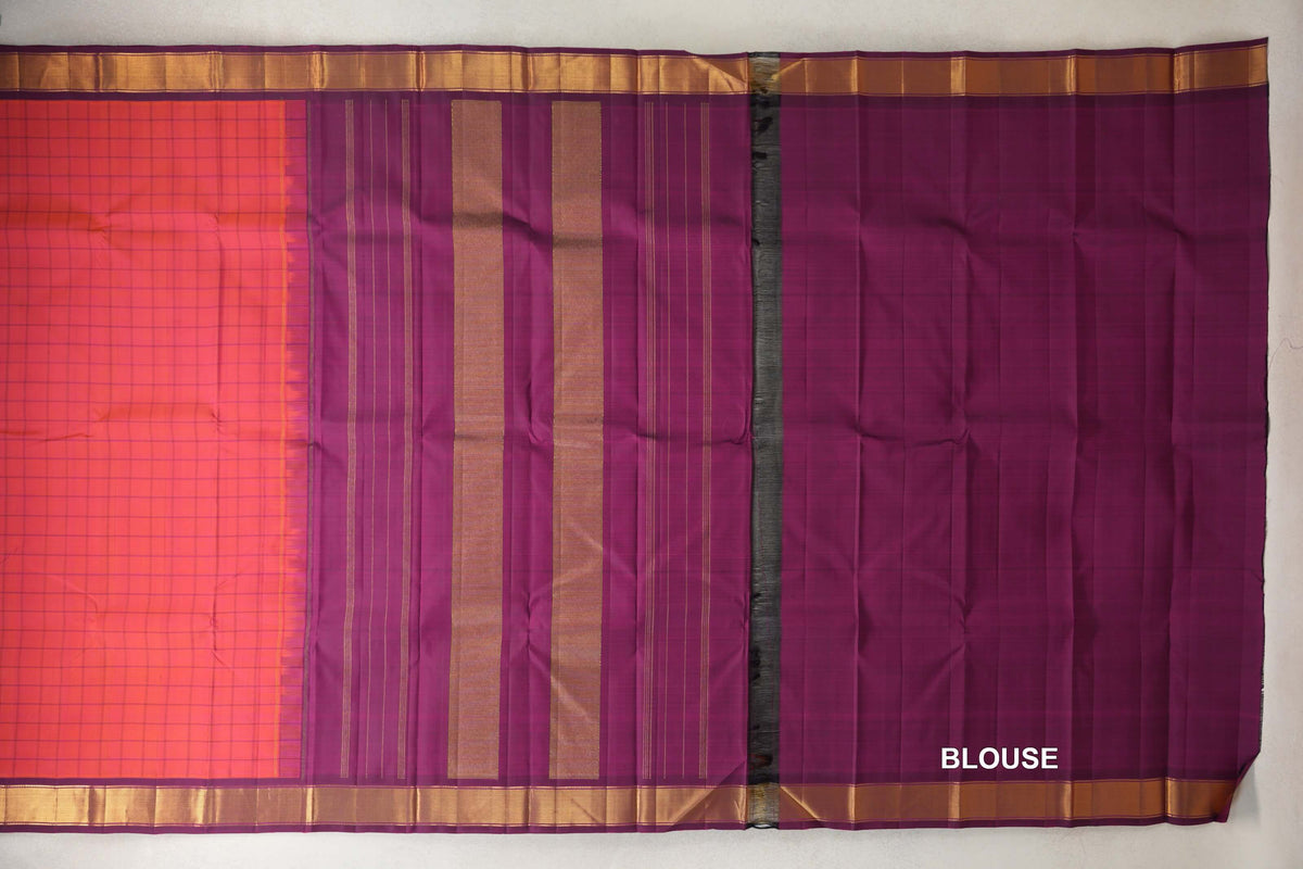 Dual Tone of Pink and Orange with Deep Magenta Borders Vintage Kanjivaram Silk Saree blouse