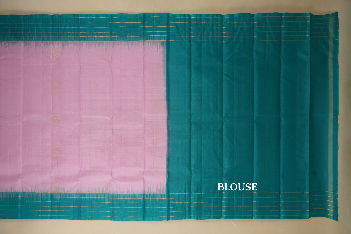 Baby Pink with Rama Blue Borders Light Weight Kanchipuram Silk Saree blouse