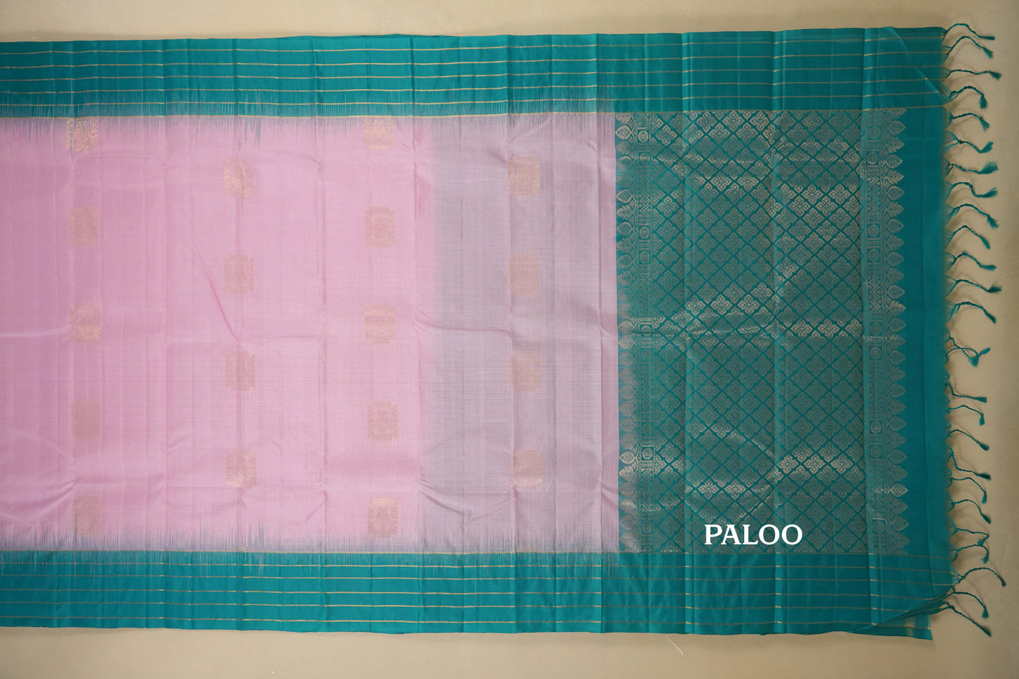 Baby Pink with Rama Blue Borders Light Weight Kanchipuram Silk Saree paloo
