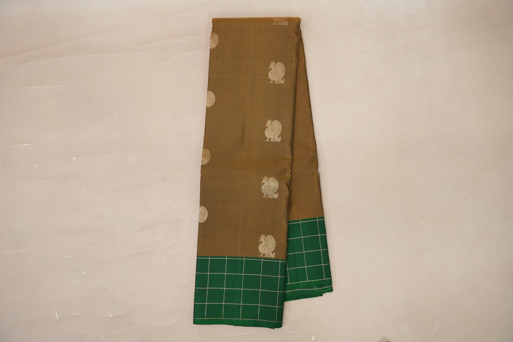 Online Golden Olive Green with Emerald Green Borders Vintage Kanjivaram Silk Saree