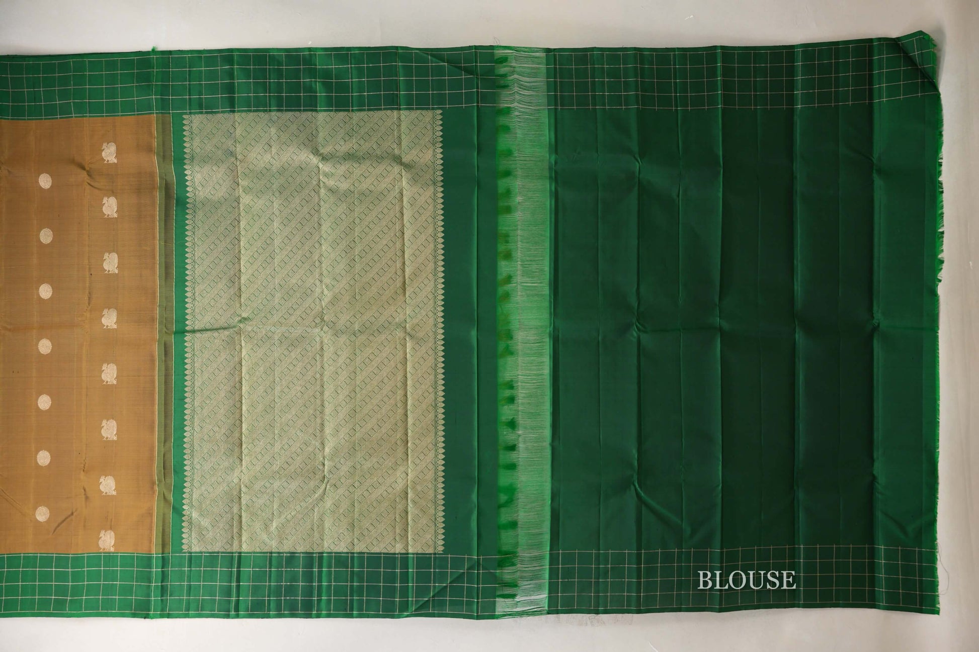 Golden Olive Green with Emerald Green Borders Vintage Kanjivaram Silk Saree blouse