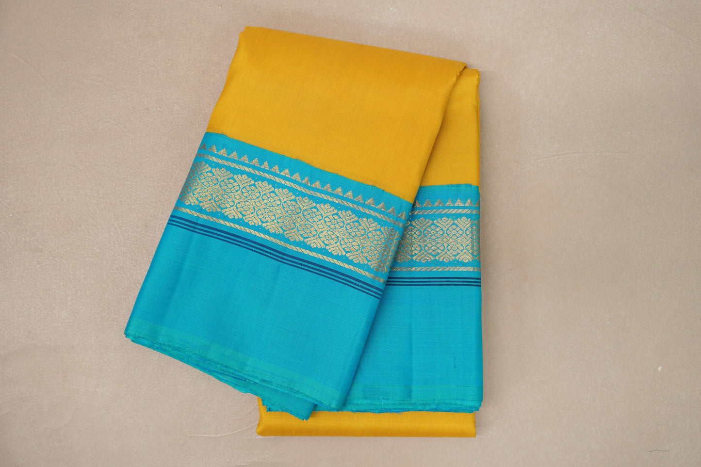 Bright Yellow with Aqua Blue Borders Vintage Kanjivaram Silk Saree