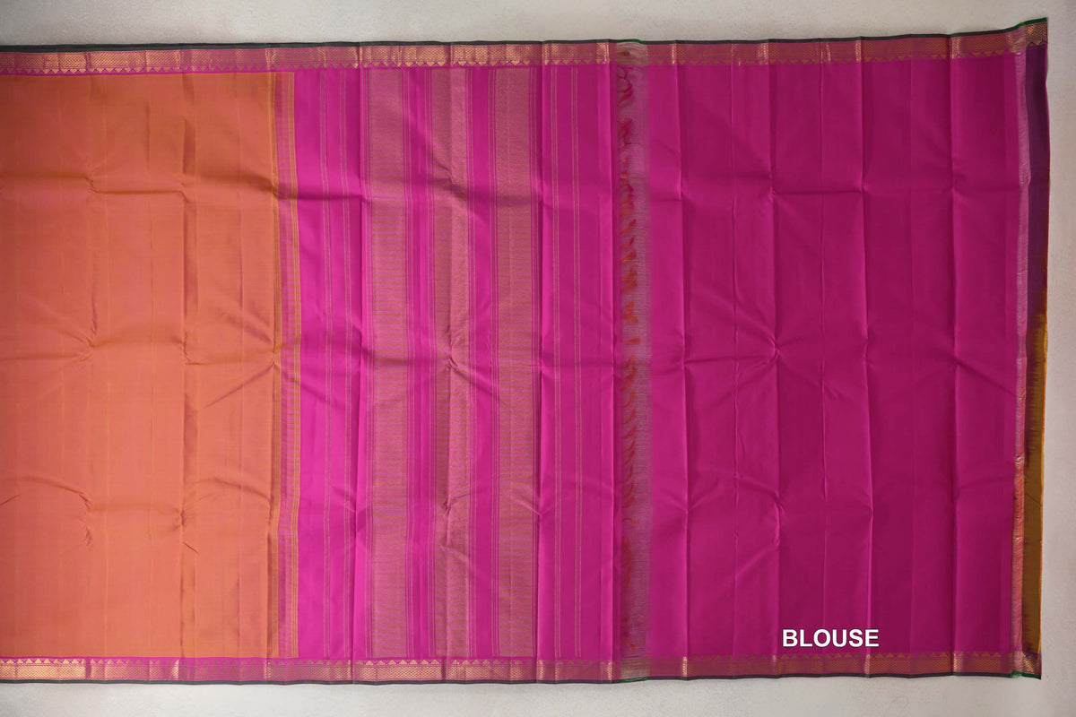 Dual Tone of Yellow and Pink with Bright Magenta with Bottle Green Selvedge Borders Vintage Kanjivaram Silk Saree blouse
