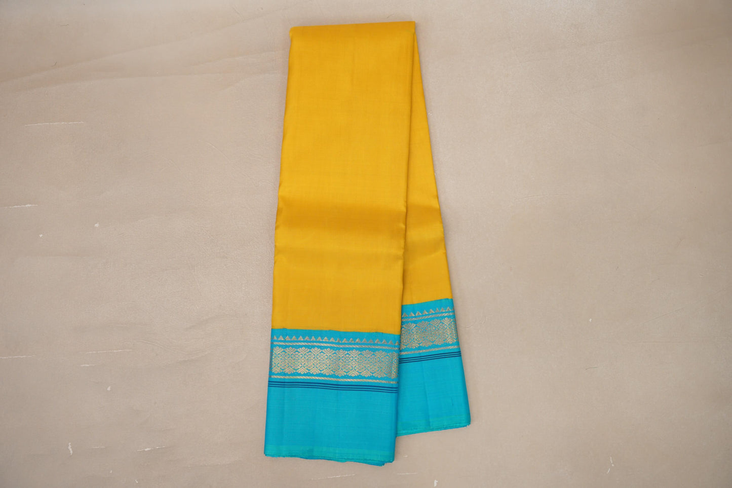 Online Bright Yellow with Aqua Blue Borders Vintage Kanjivaram Silk Saree