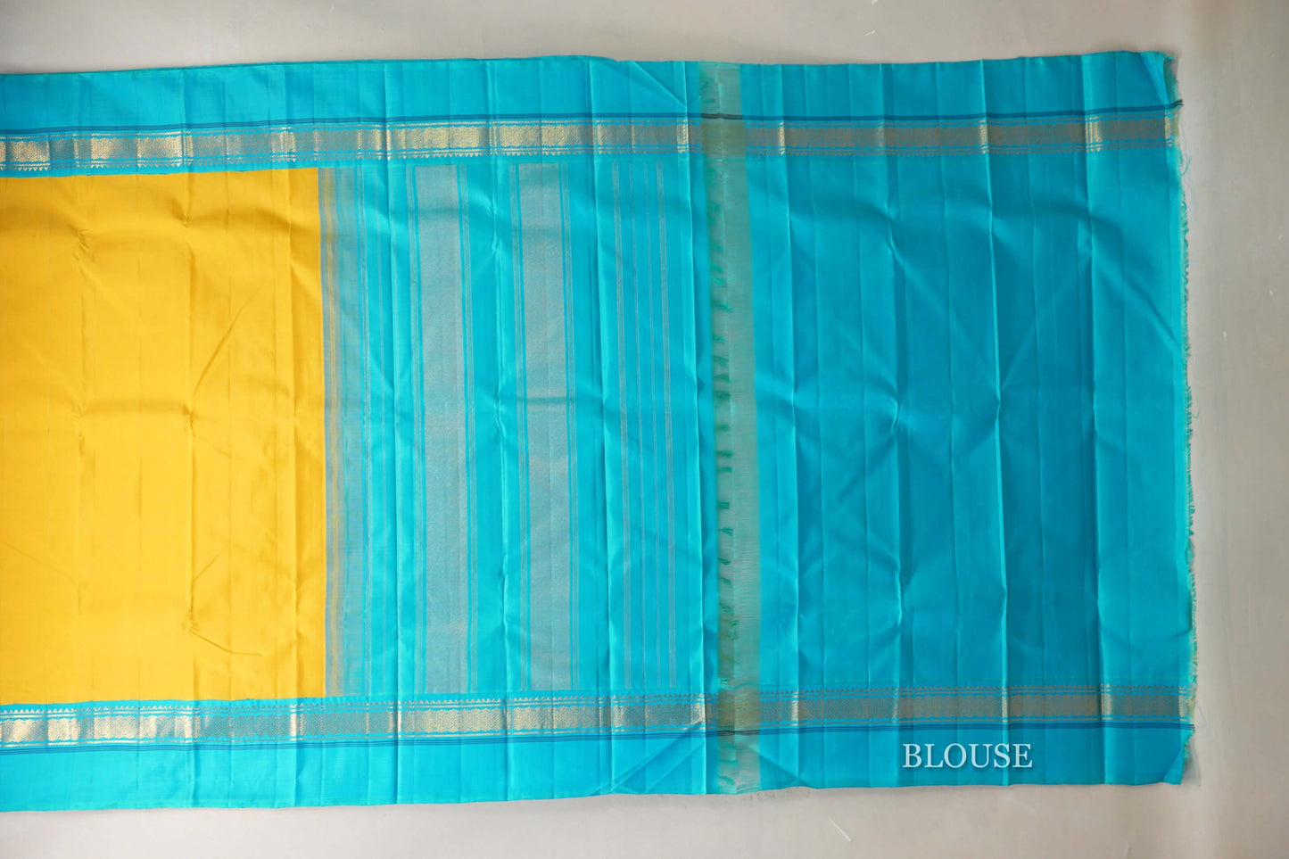 Bright Yellow with Aqua Blue Borders Vintage Kanjivaram Silk Saree blouse