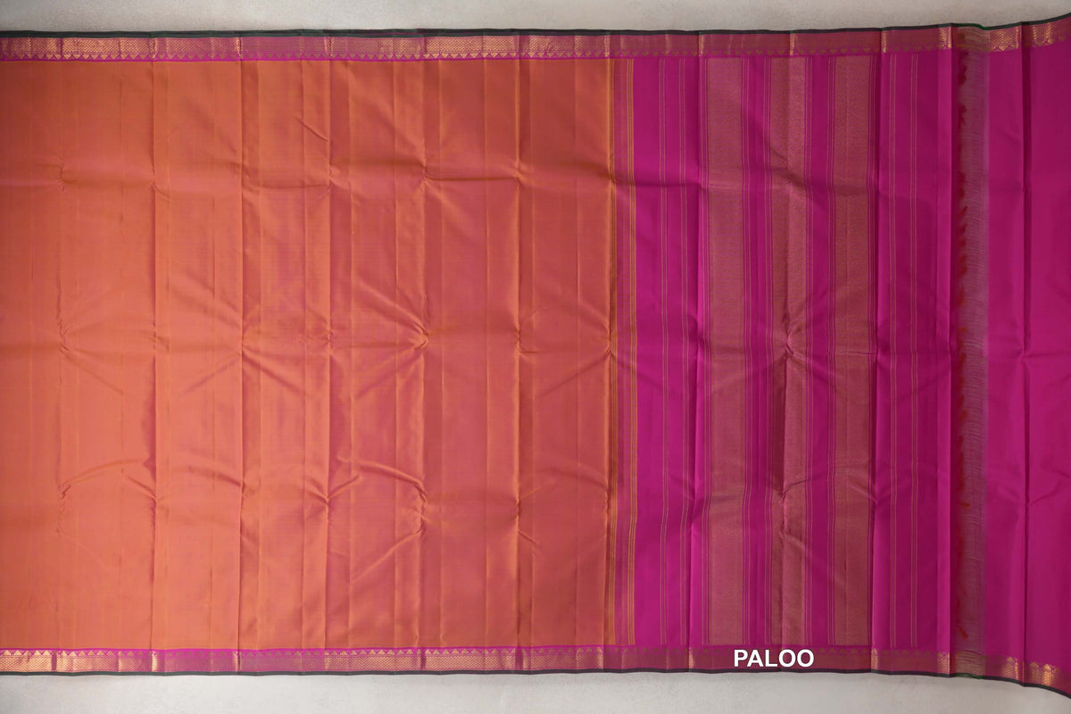 Dual Tone of Yellow and Pink with Bright Magenta with Bottle Green Selvedge Borders Vintage Kanjivaram Silk Saree paloo