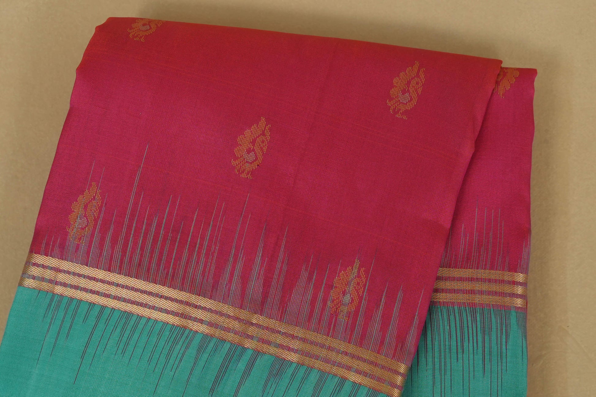 Peach Pink with Rama Blue Borders Light Weight Kanchipuram Silk Saree body