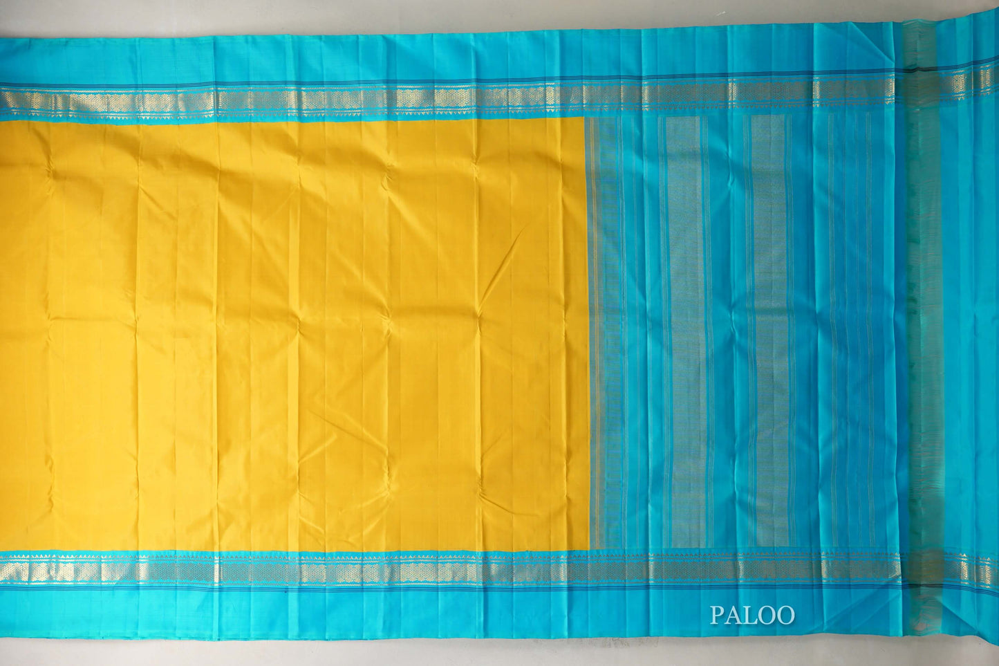 Bright Yellow with Aqua Blue Borders Vintage Kanjivaram Silk Saree paloo
