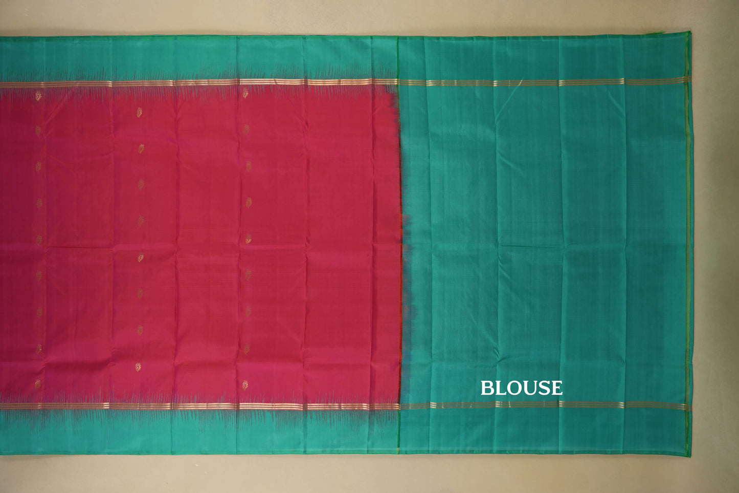 Peach Pink with Rama Blue Borders Light Weight Kanchipuram Silk Saree blouse