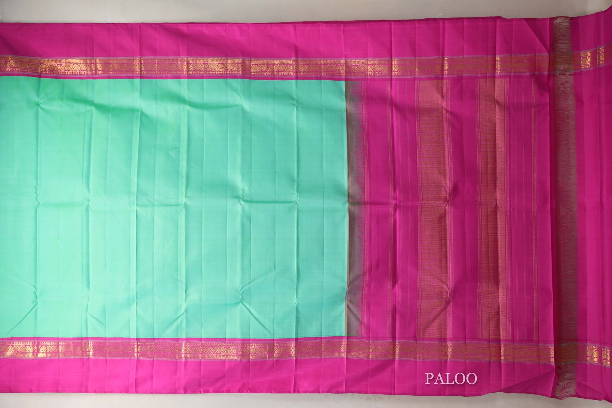 Mint Green with Bright Pink Borders Vintage Kanjivaram Silk Saree paloo