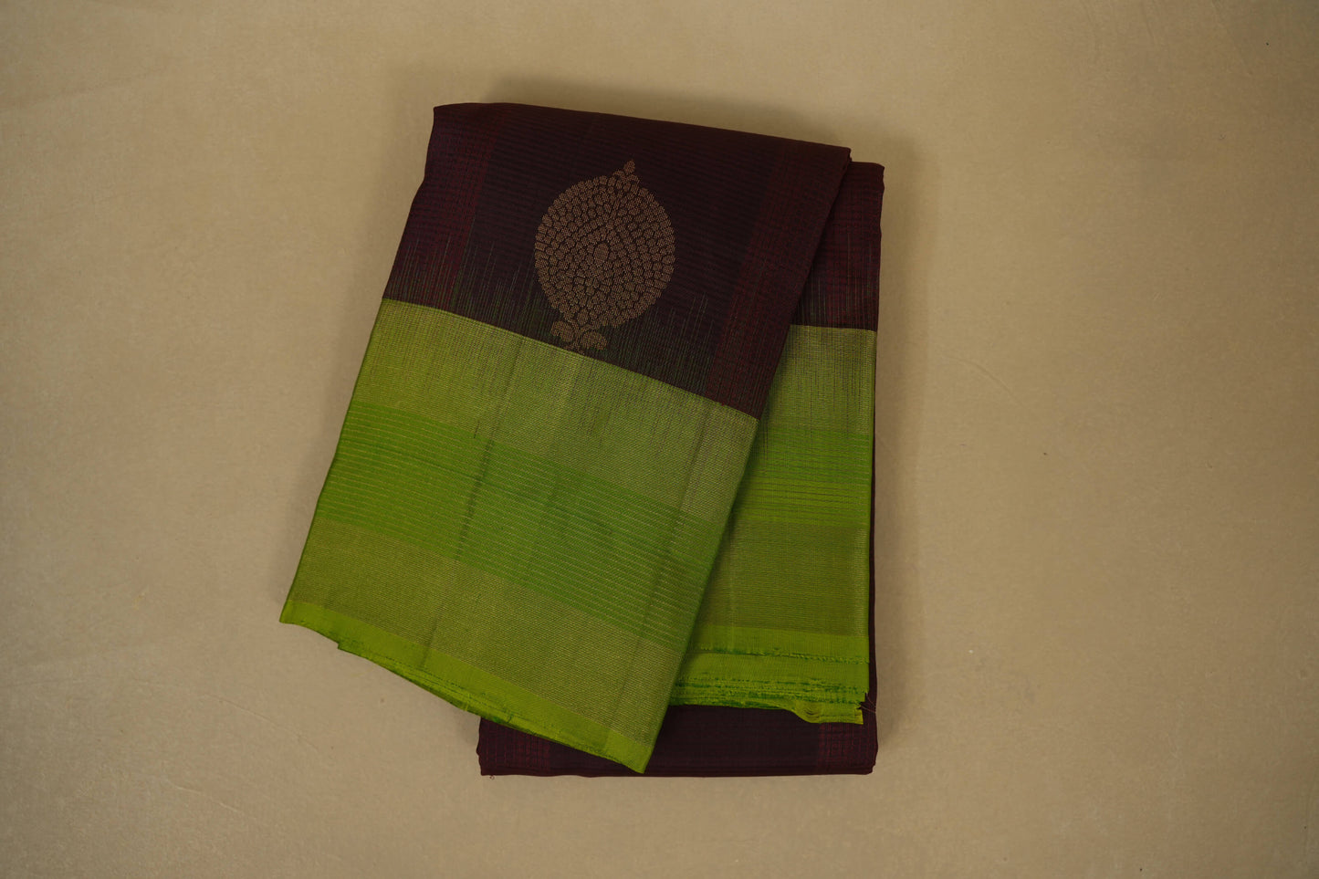 Dark Coffee Brown with Leaf Green Borders Light Weight Kanchipuram Silk Saree