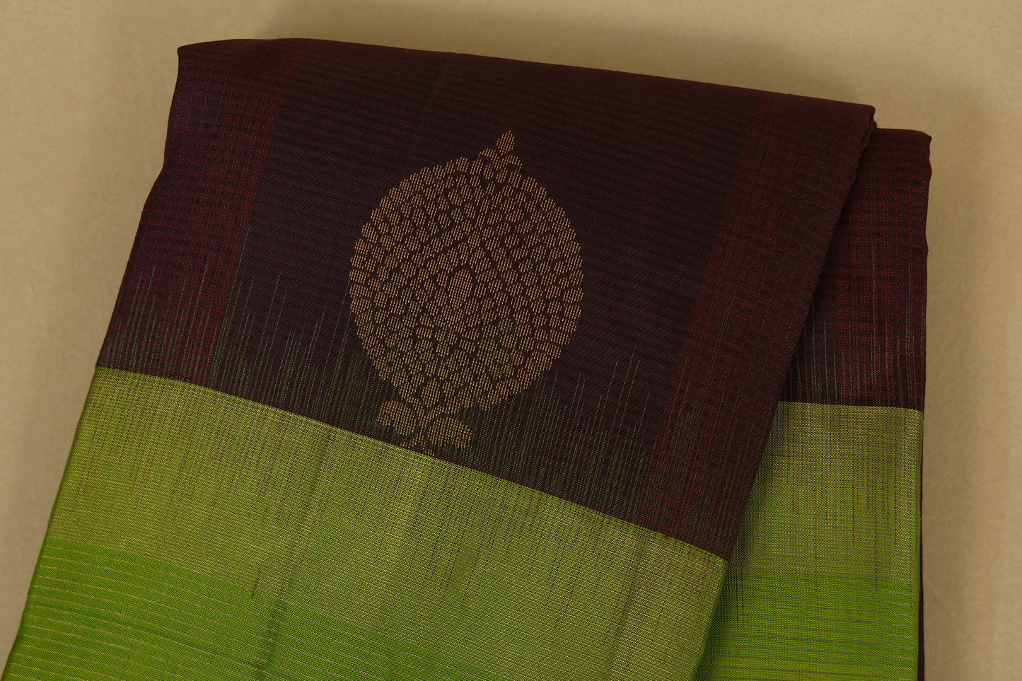 Dark Coffee Brown with Leaf Green Borders Light Weight Kanchipuram Silk Saree body