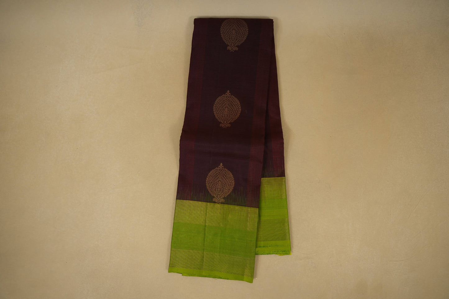 Online Dark Coffee Brown with Leaf Green Borders Light Weight Kanchipuram Silk Saree