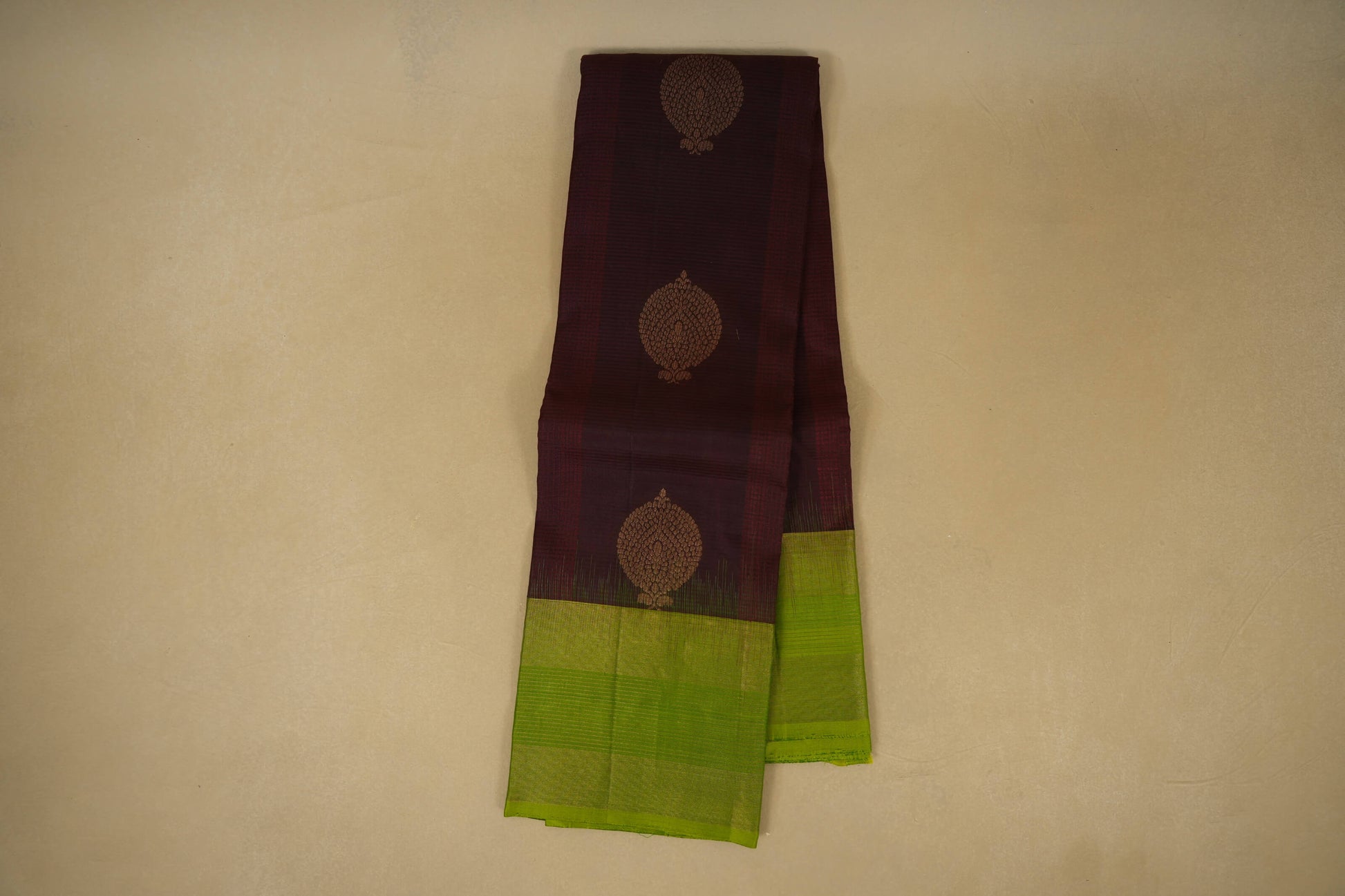 Online Dark Coffee Brown with Leaf Green Borders Light Weight Kanchipuram Silk Saree