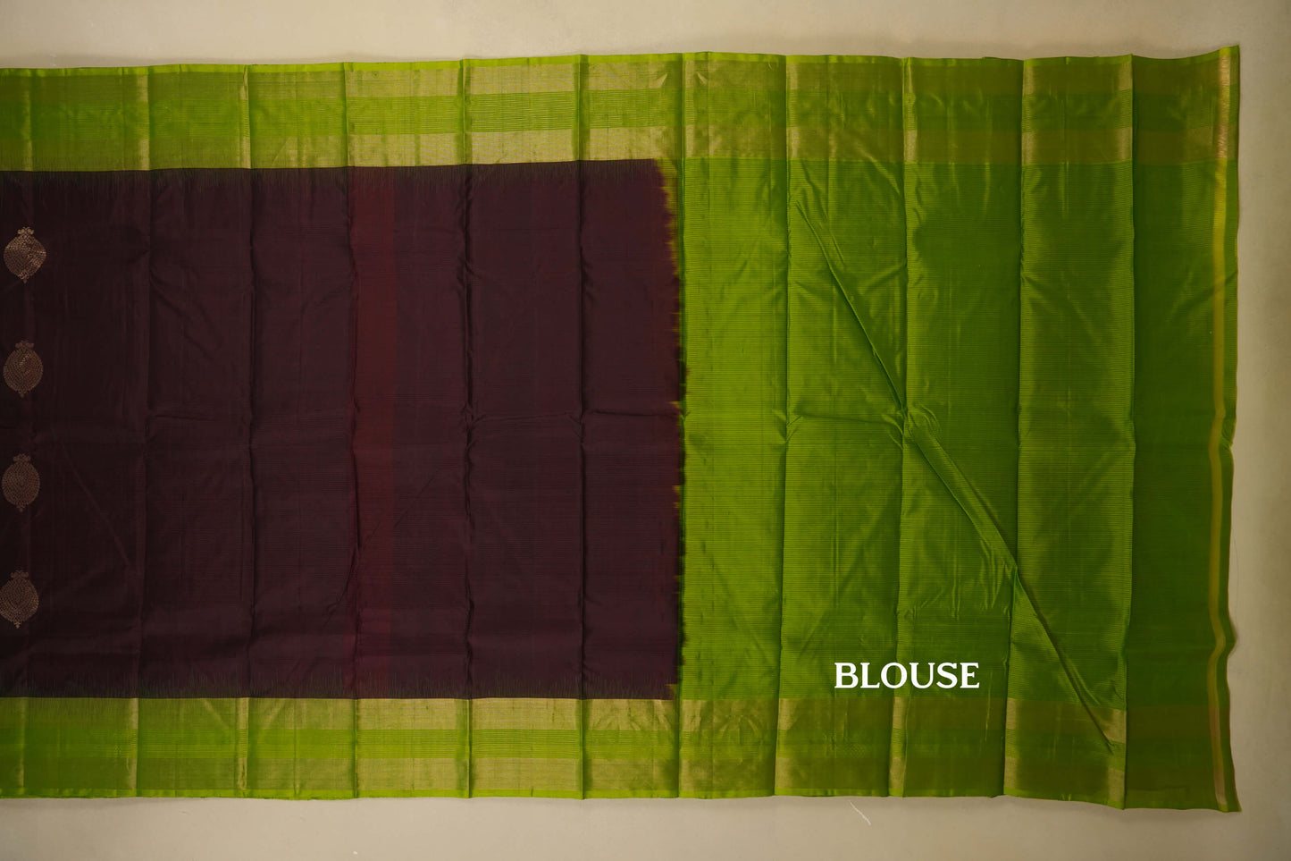 Dark Coffee Brown with Leaf Green Borders Light Weight Kanchipuram Silk Saree blouse