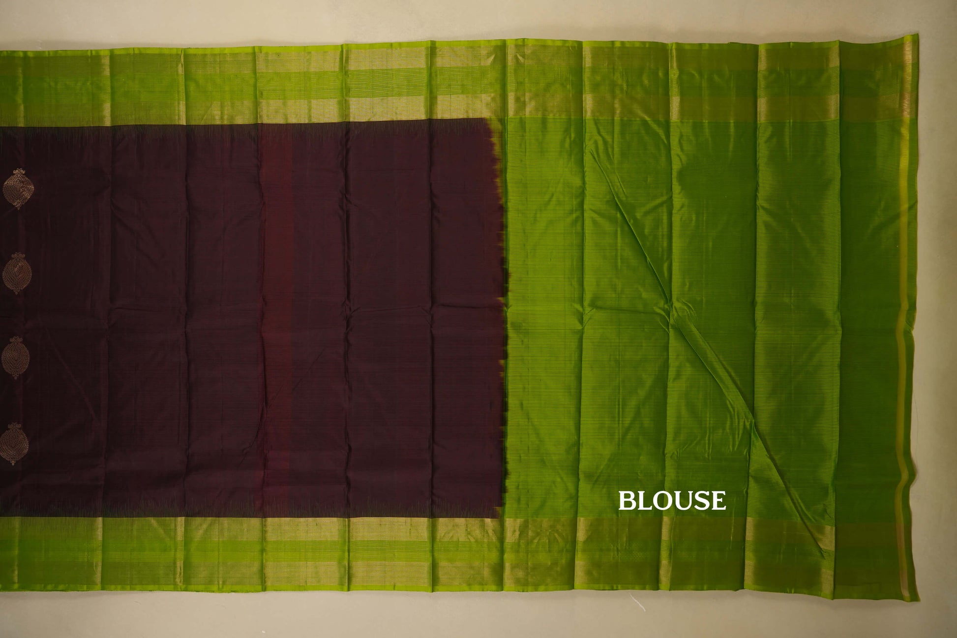 Dark Coffee Brown with Leaf Green Borders Light Weight Kanchipuram Silk Saree blouse