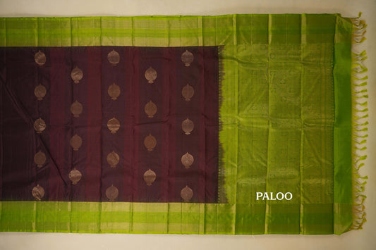 Dark Coffee Brown with Leaf Green Borders Light Weight Kanchipuram Silk Saree paloo